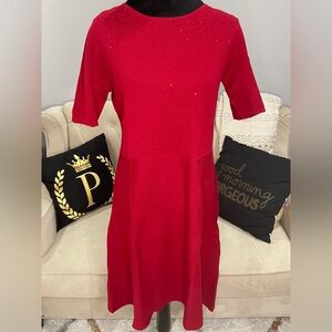 Vibrant Red Midi Dress with Crew Neck and 3/4 Sleeves